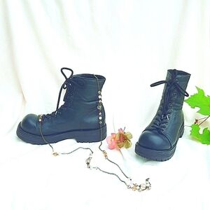Chunky Green Leather Combat Boots, Custom Made, Lace-Up